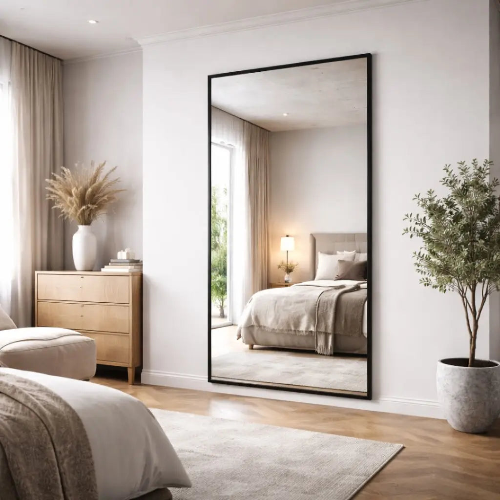 A tall, rectangular full-length mirror with a sleek black frame stands against the wall in a minimalist bedroom.