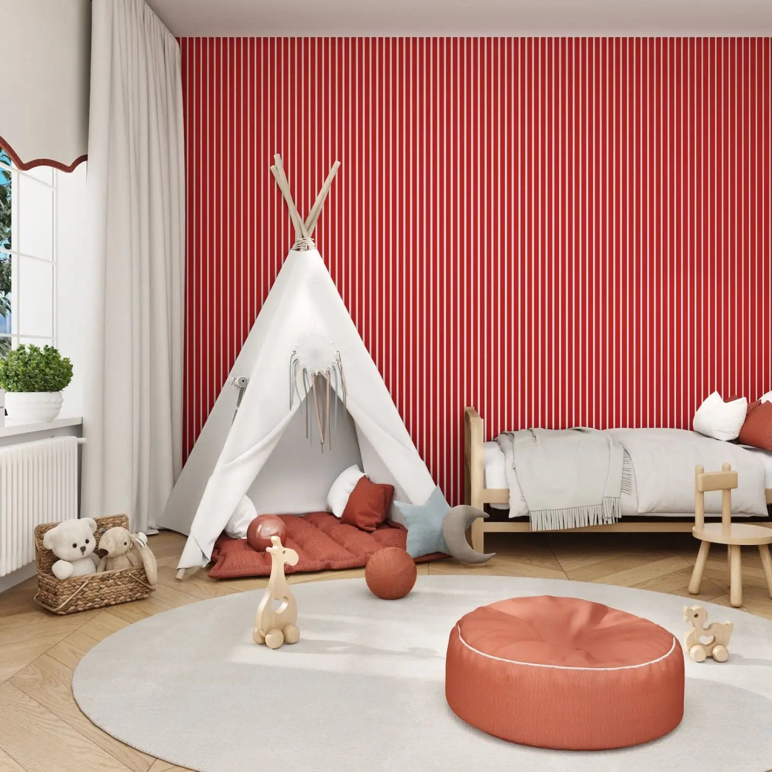 White canvas teepee with wooden poles and fringe detailing