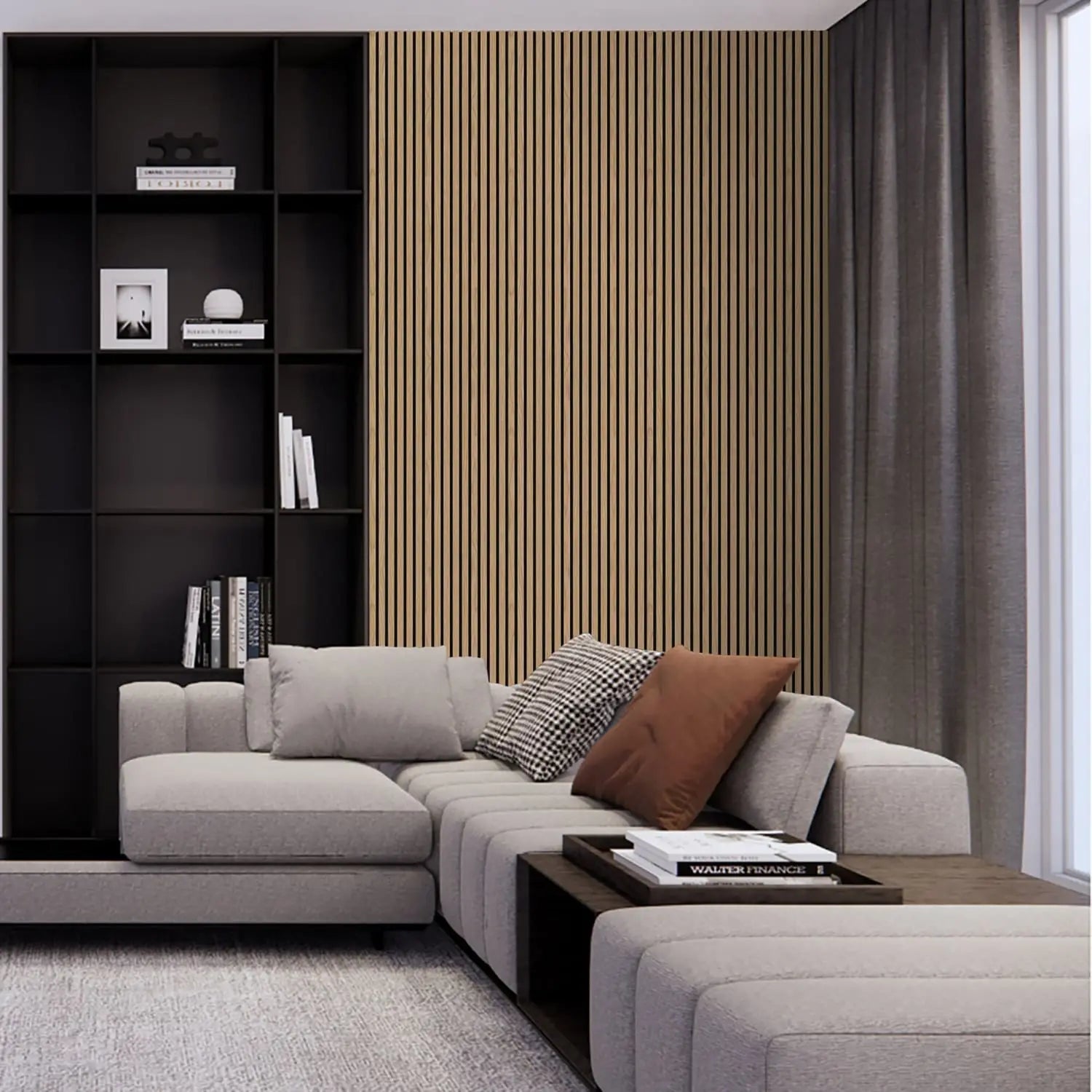 A light gray sectional sofa with throw pillows and an integrated wooden coffee table.