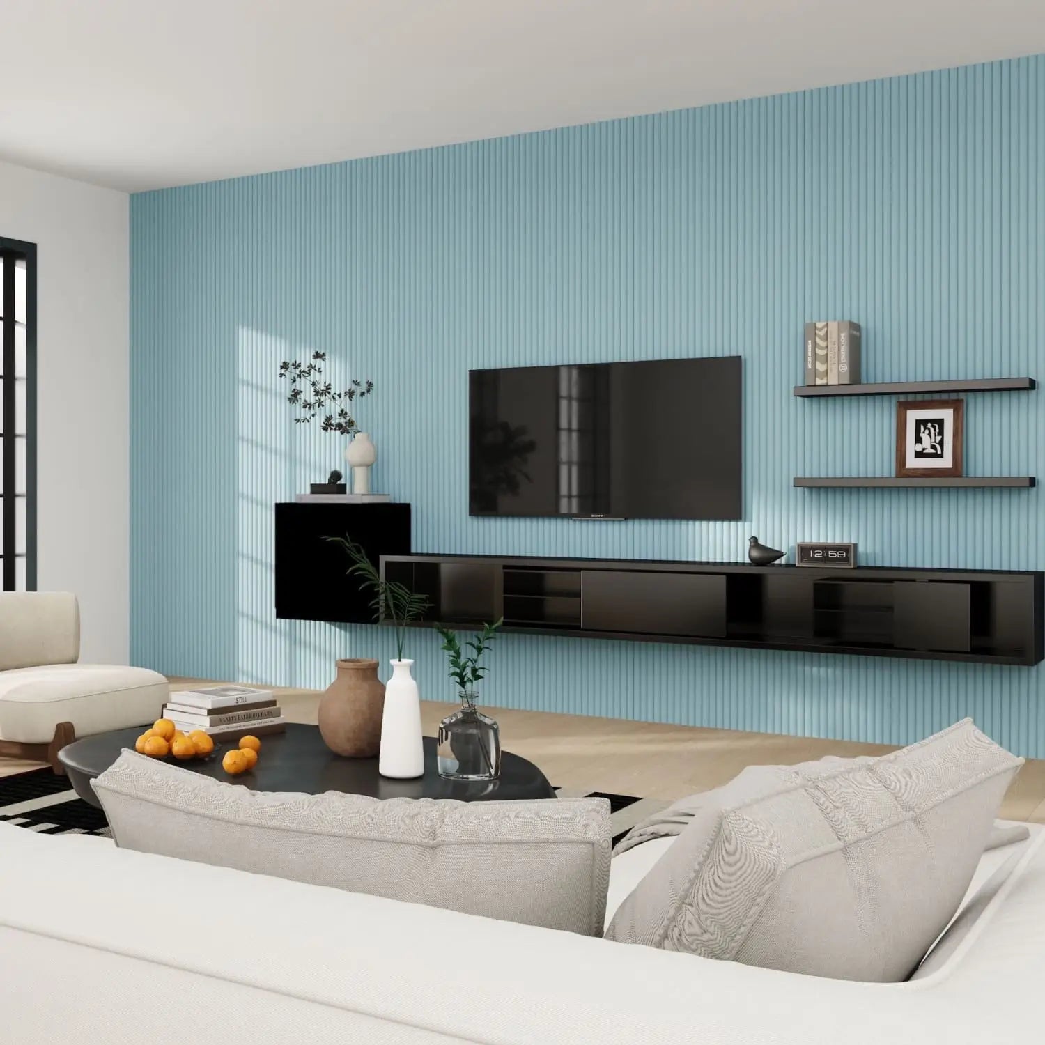 Black glossy floating tv console with integrated storage compartments and sleek modern design.