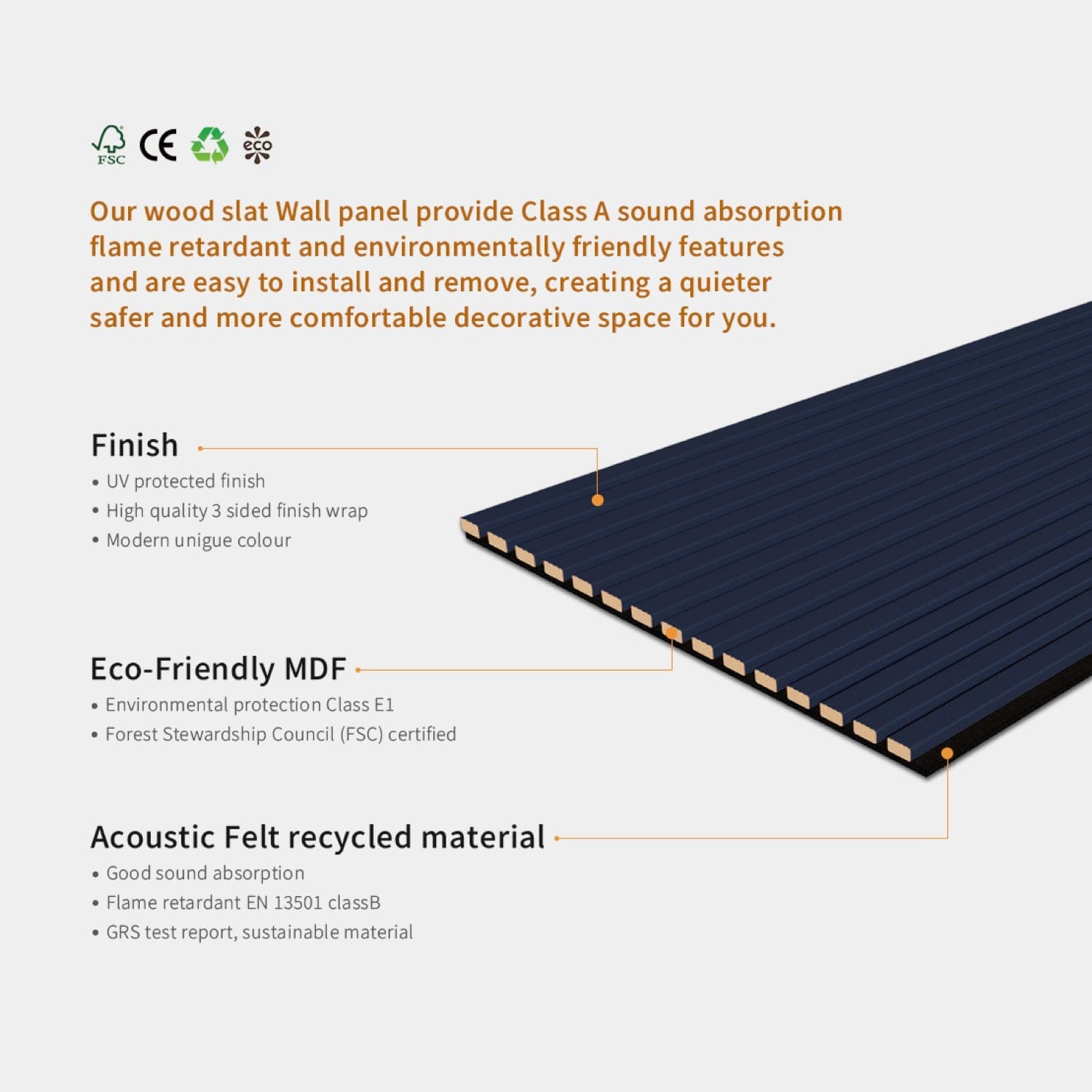 Wood slat wall panel with sound absorption and environmentally friendly features. Blue