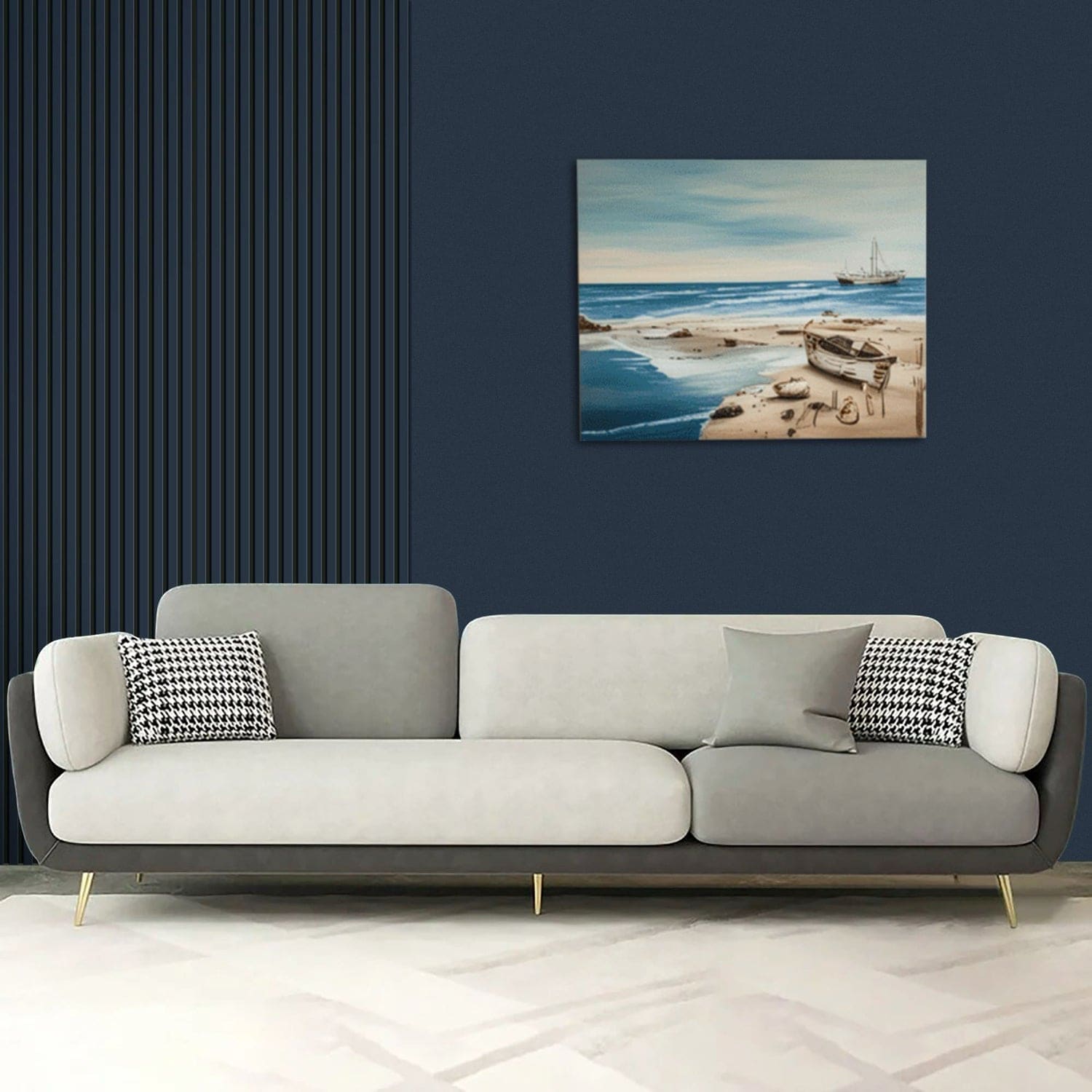 Modern two-tone sofa in front of dark blue slated wall panels