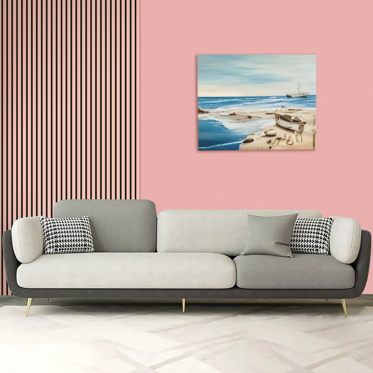 Modern gray and white sofa in front of pink slated wall panels