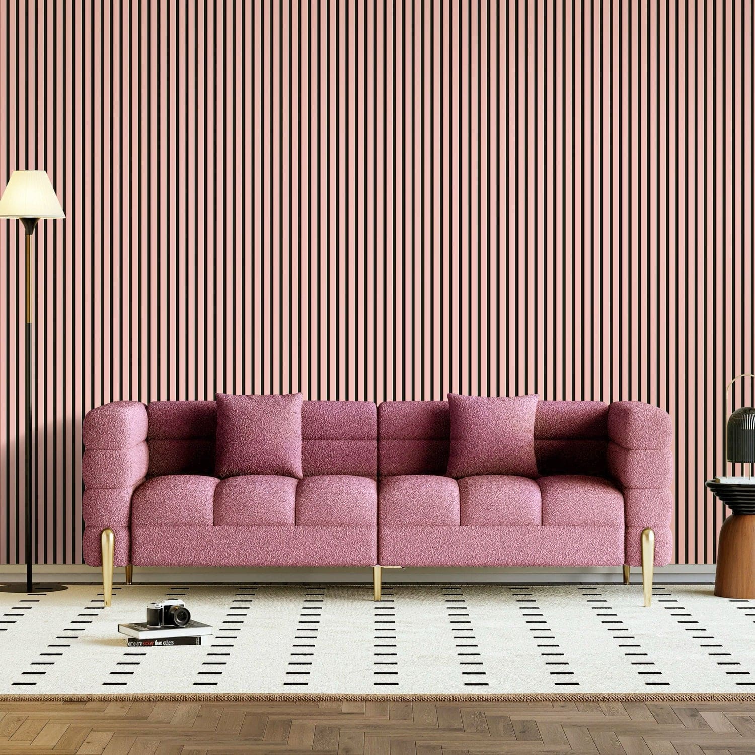 Pink tufted sofa in front of pink slated wall panels
