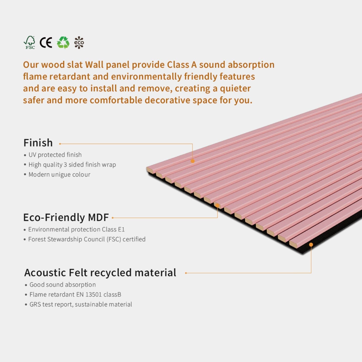 Pink wood slat wall panel with sound absorption and flame retardant features.
