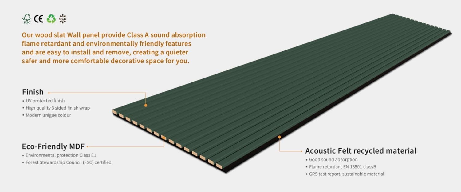 Wood slat wall panel with acoustic felt backing.
