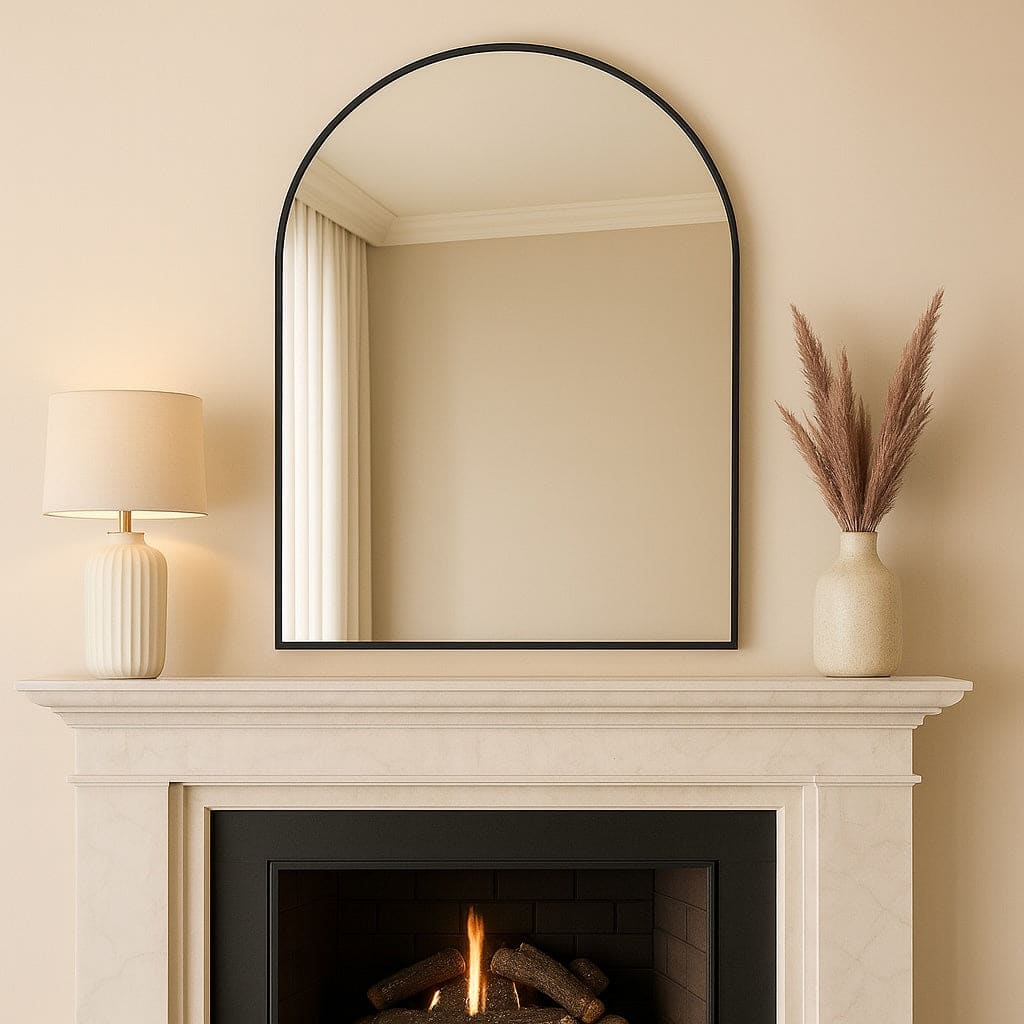 Arched black-framed mirror.