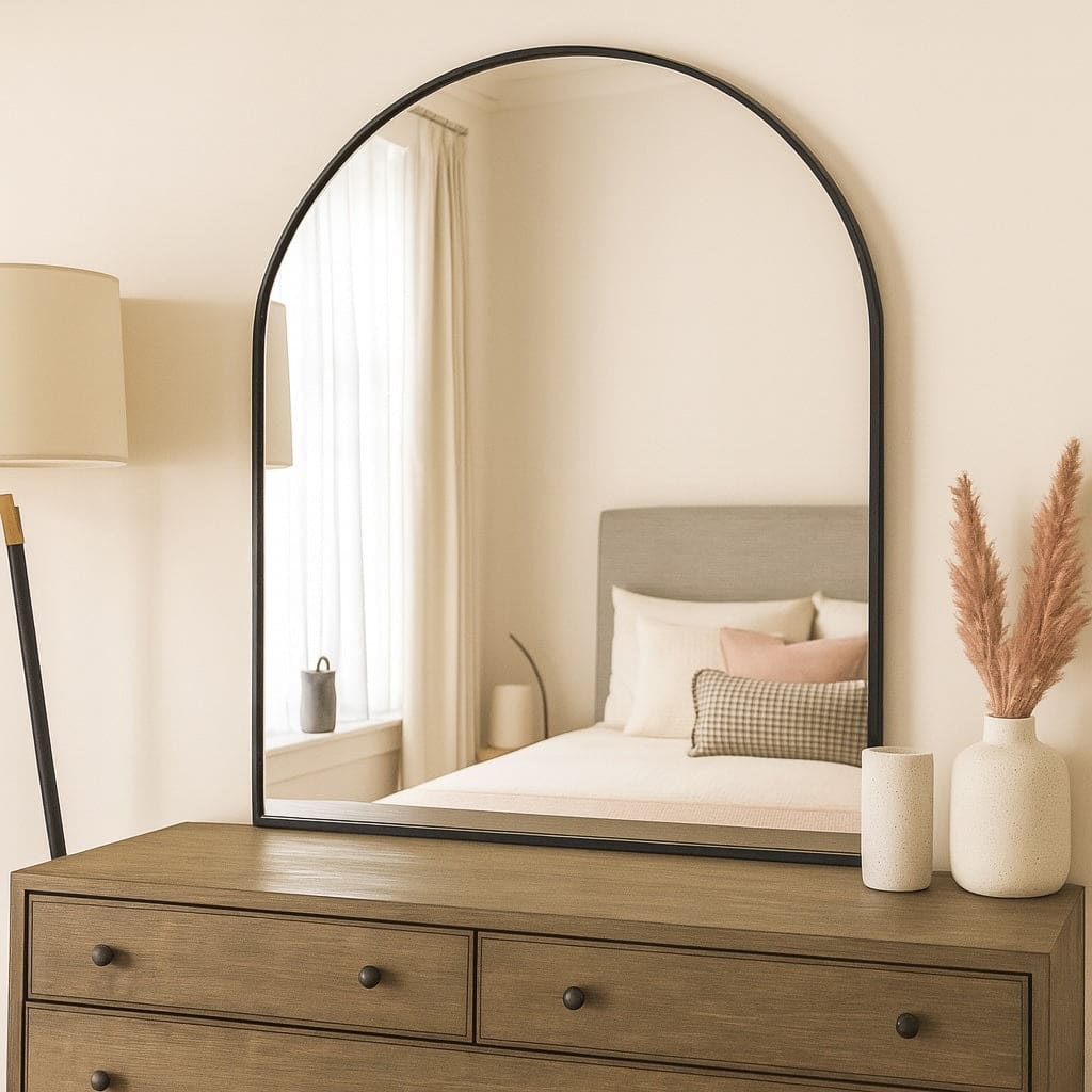 Arched black-framed wall mirror