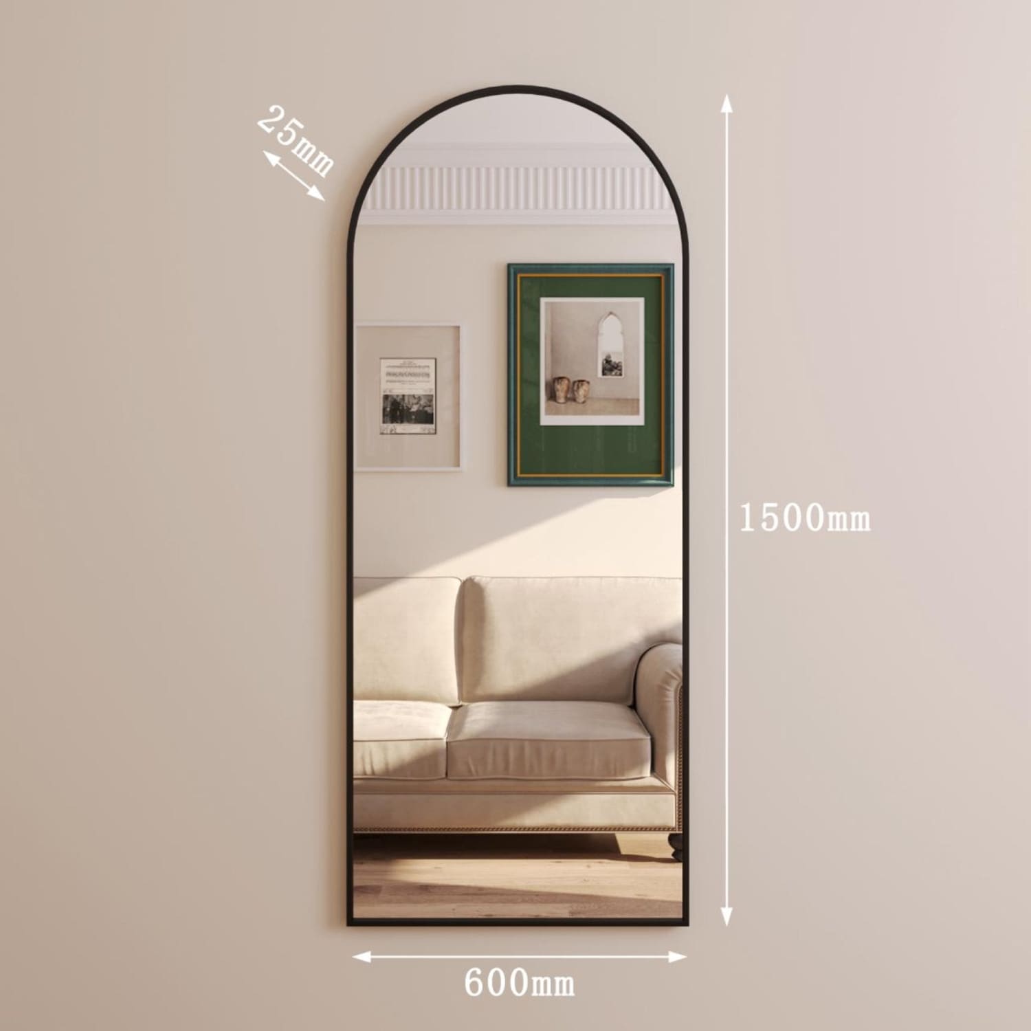 Arched wall mirror with black metal frame.