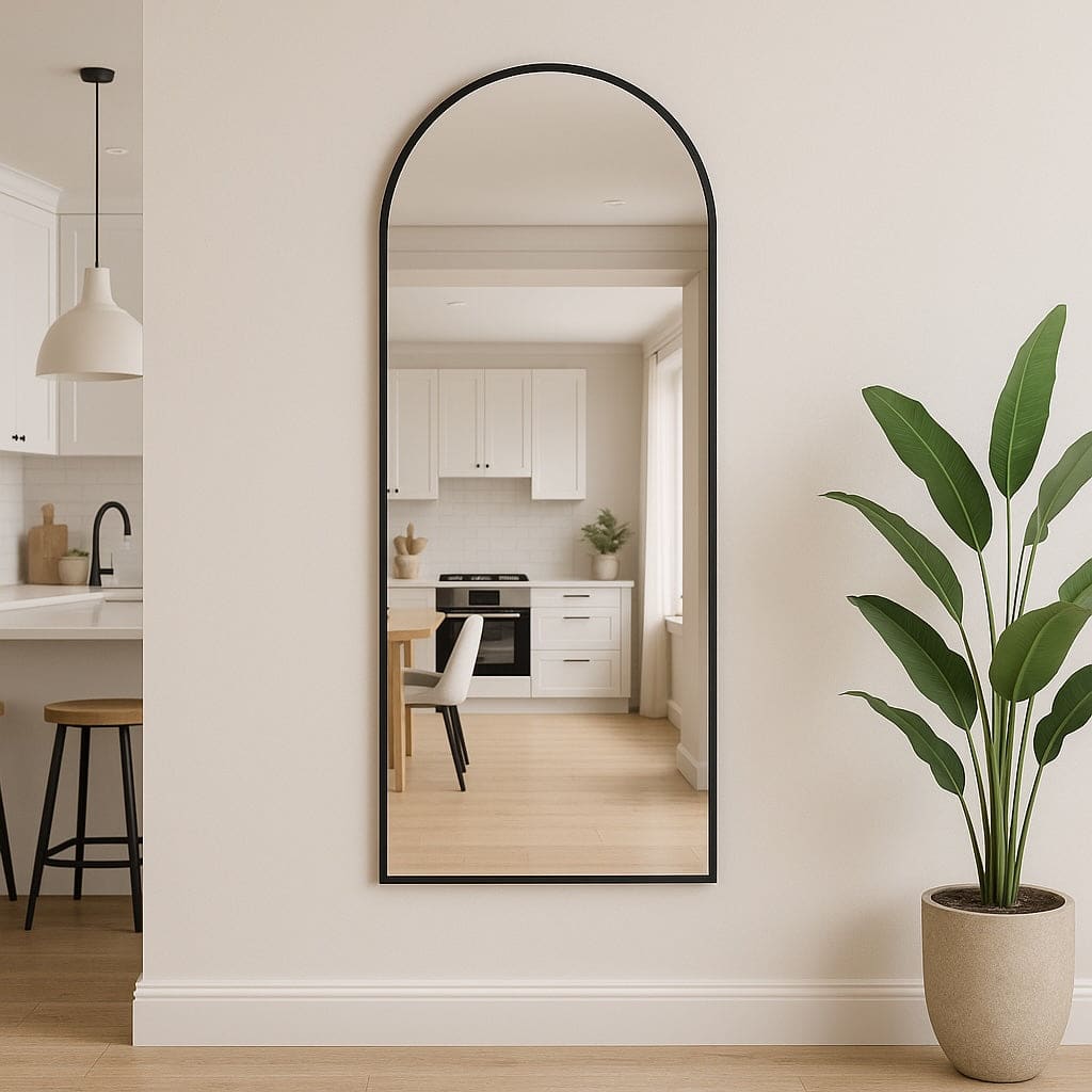 Black-framed arched full-length mirror