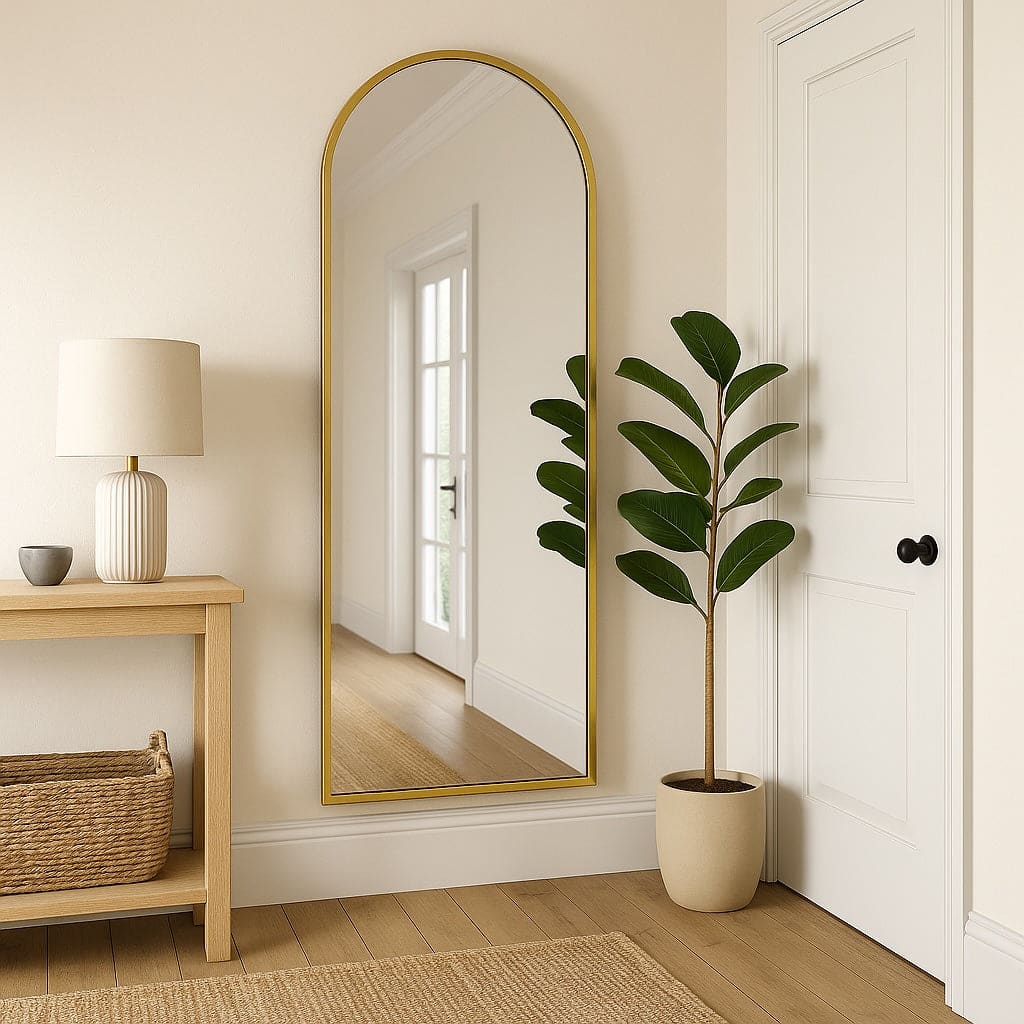 Gold framed arched full-length mirror.