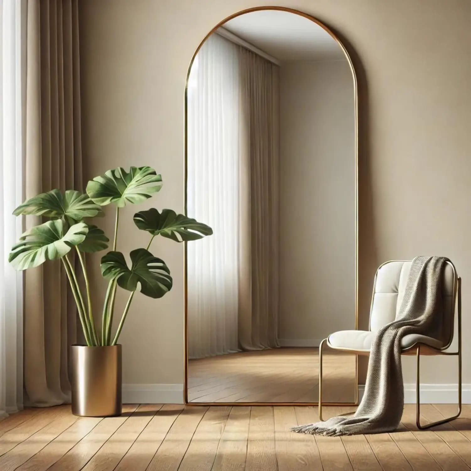 Arched full-length mirror with a thin metallic frame.