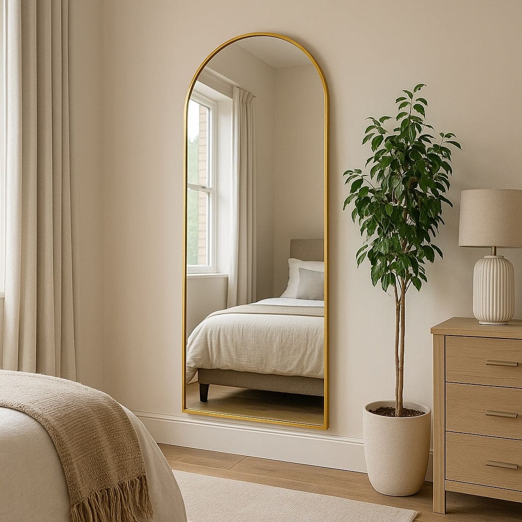 Gold arched full-length mirror.