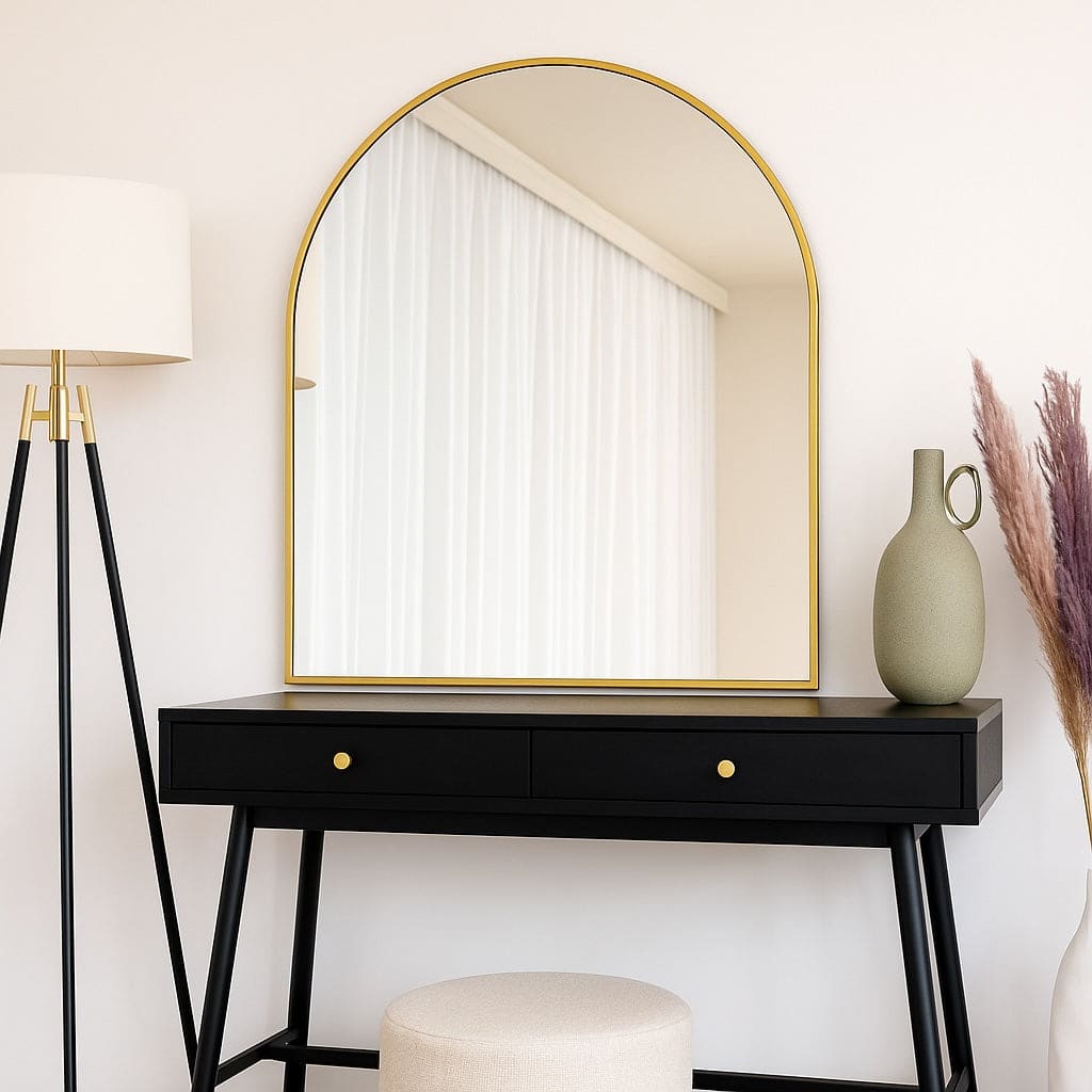 Black wooden vanity table with a gold-framed arch mirror.