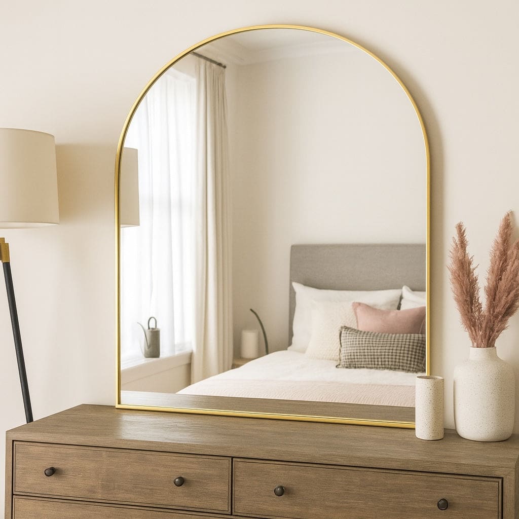 Gold-framed arched mirror