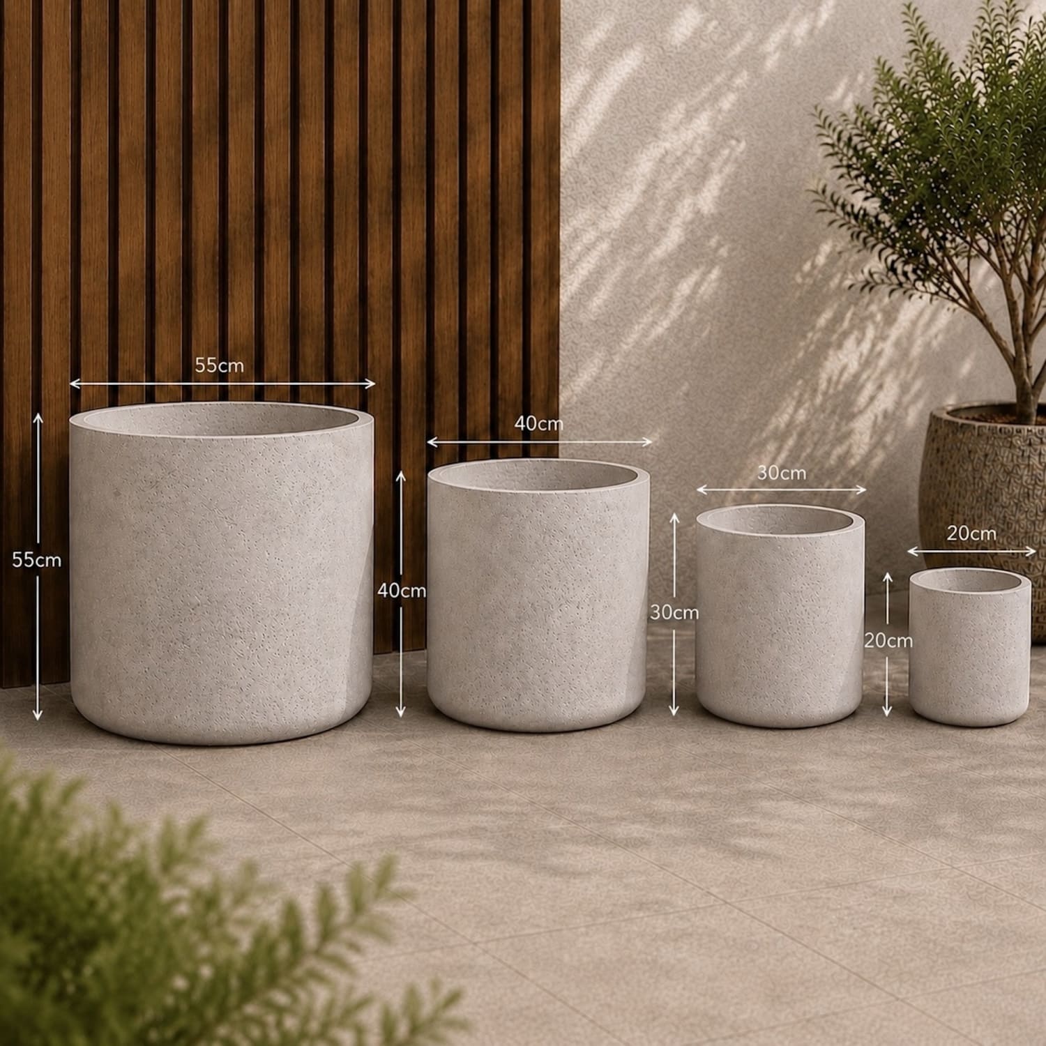 Aurella | Set Of 4 - Truffle – Concrete Cylinder Planters Set – Round Plant Pots Nest