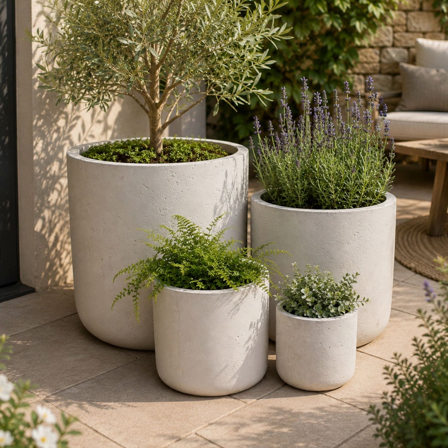 Aurella | Set Of 4 - White Mist – Concrete Cylinder Planters Set – Round Plant Pots Nest