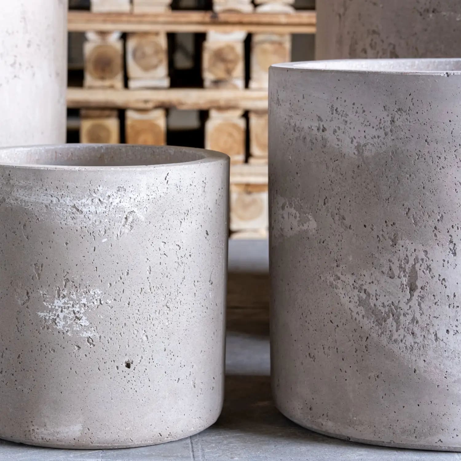 Cylindrical concrete planters.