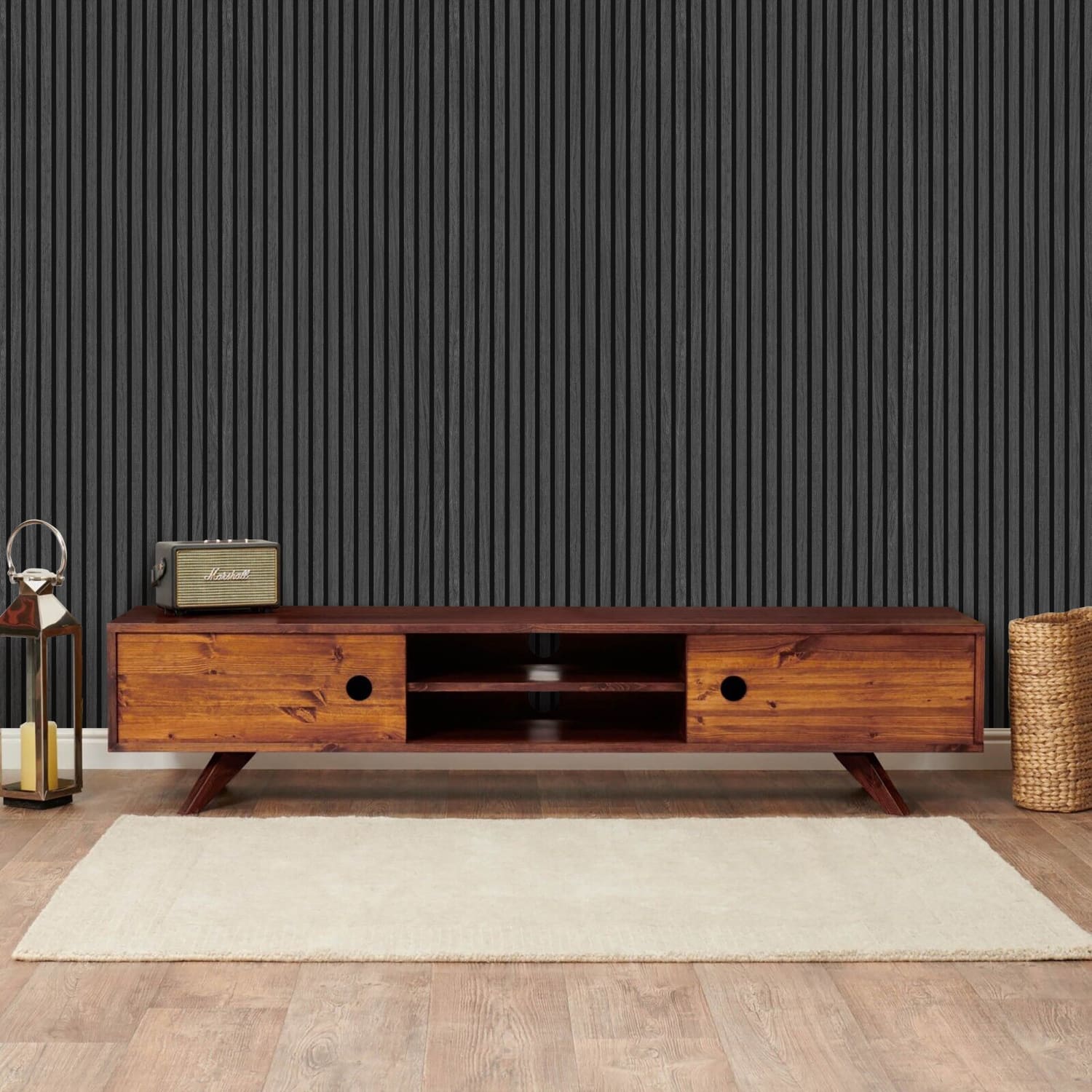 Modern wooden TV stand with sliding doors and open shelving in the middle.