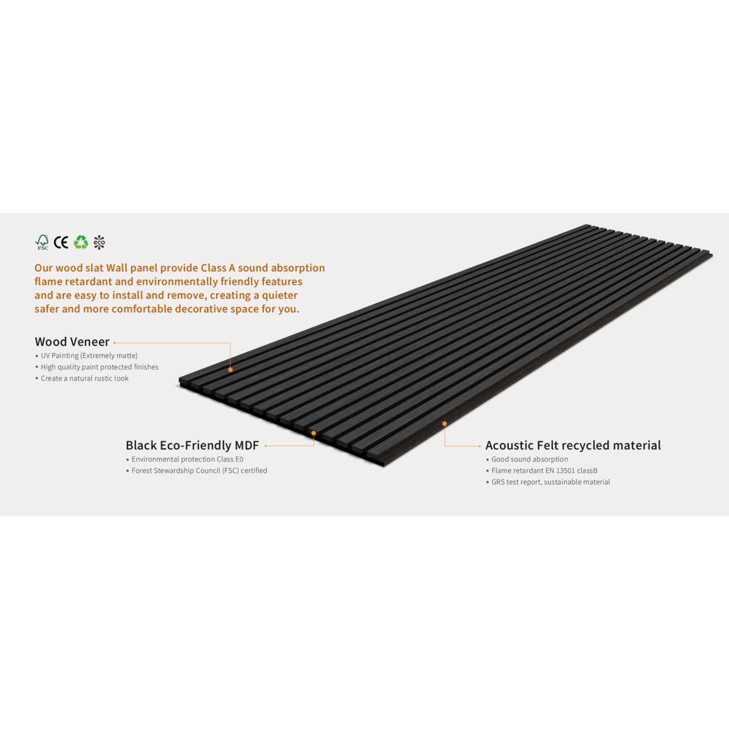 Black slatted acoustic panel with wood veneer and recycled felt material layers.
