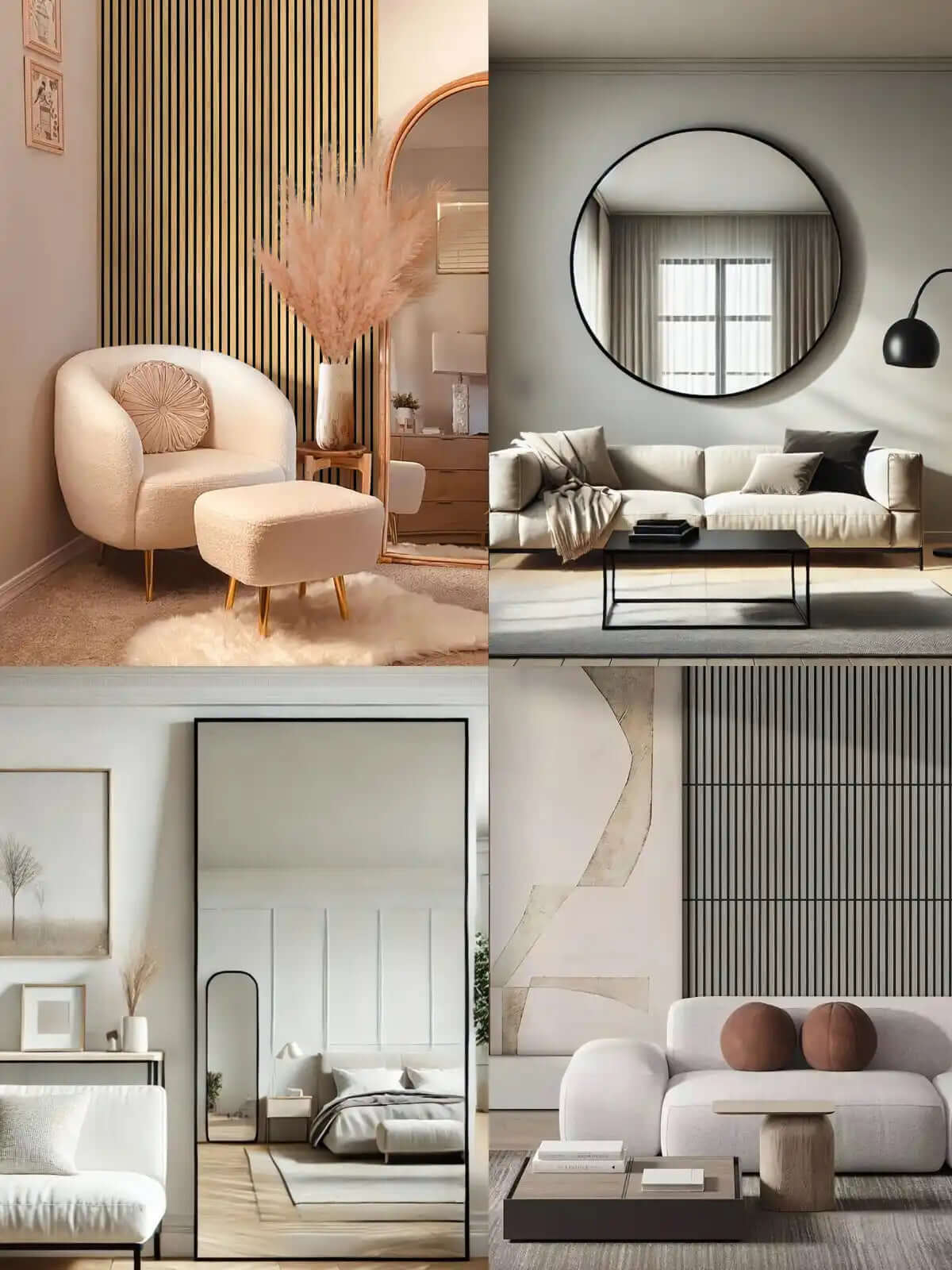 A collection of modern minimalist living room interior designs featuring neutral tones and curved furniture.