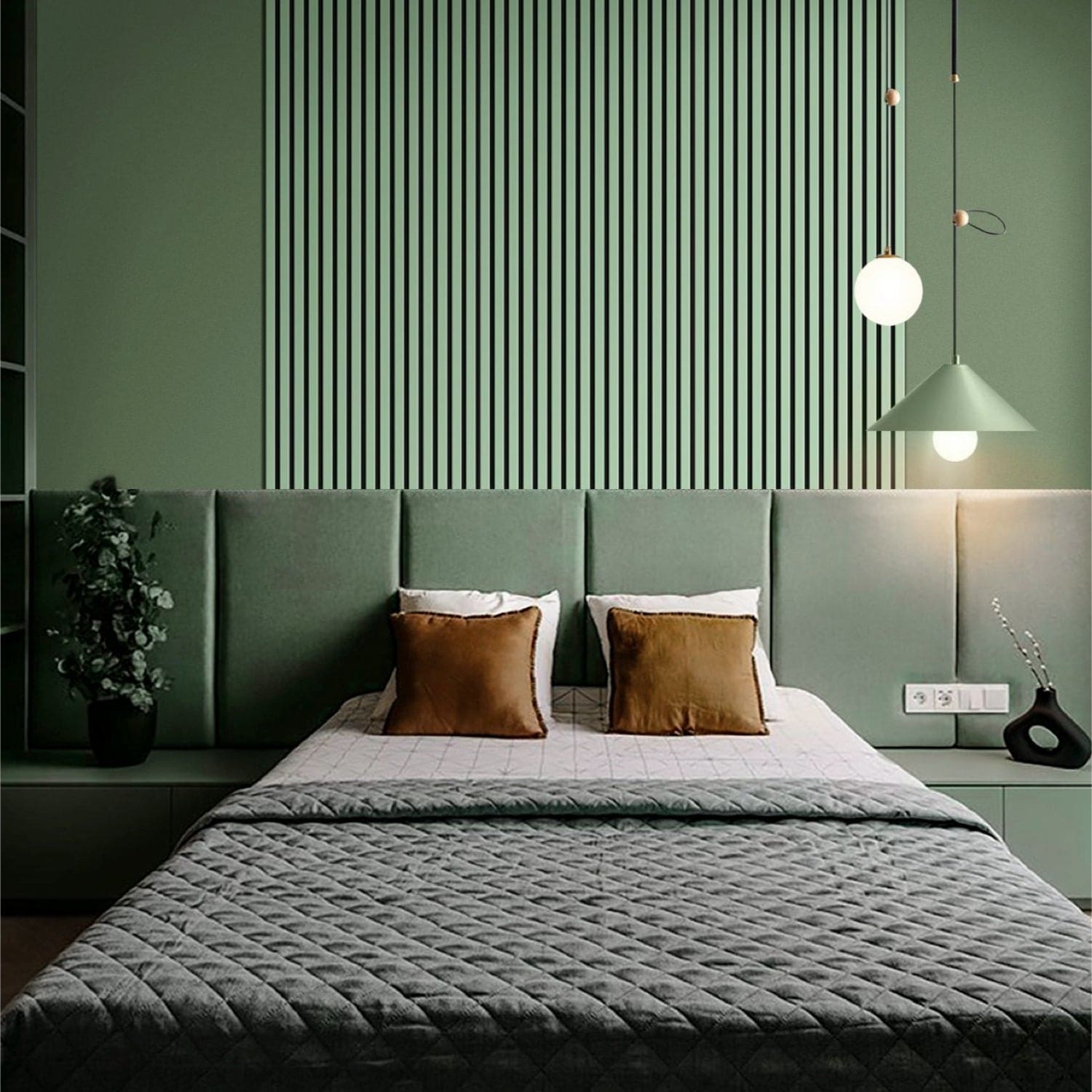 Green bedroom with quilted bedspread.