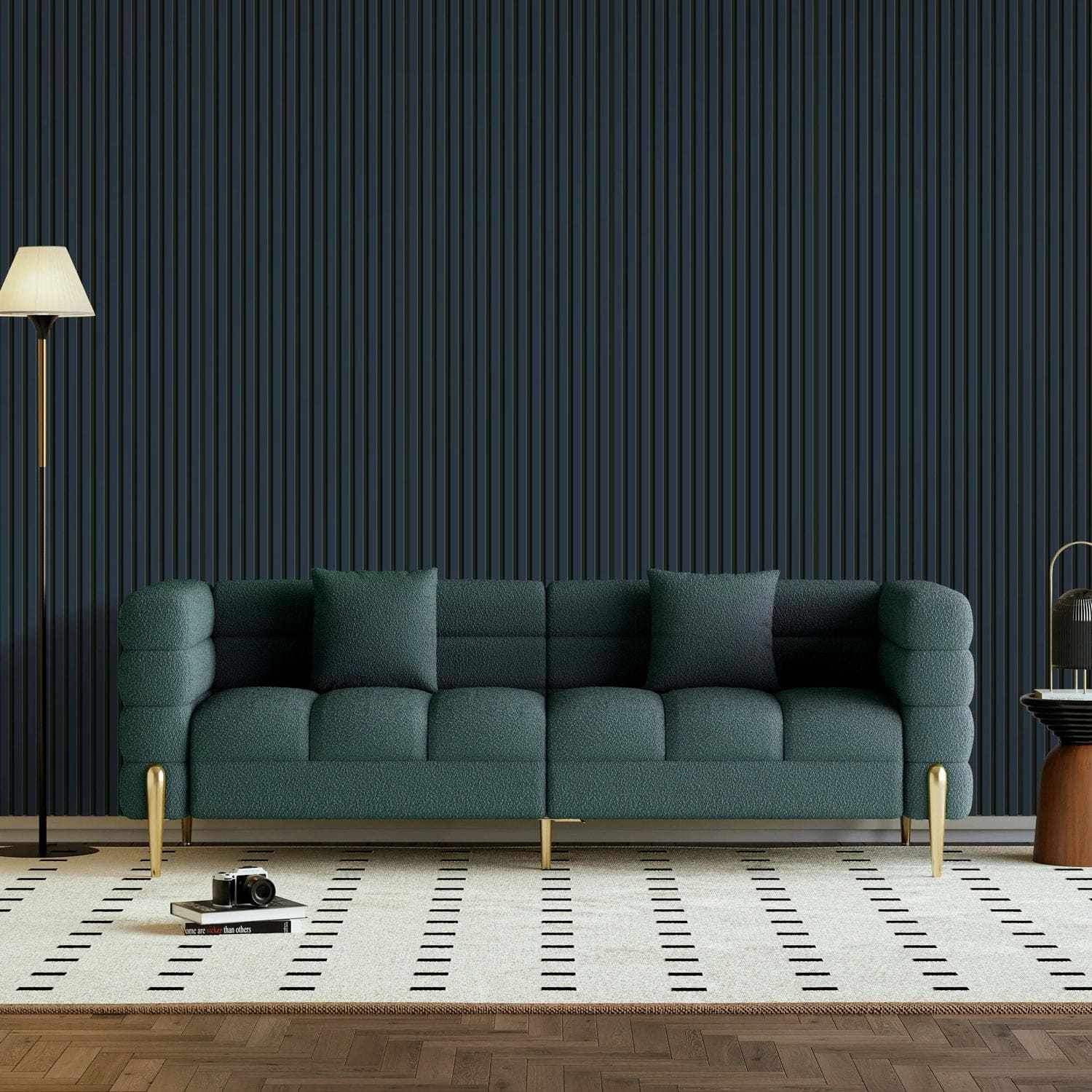 Green tufted sofa.