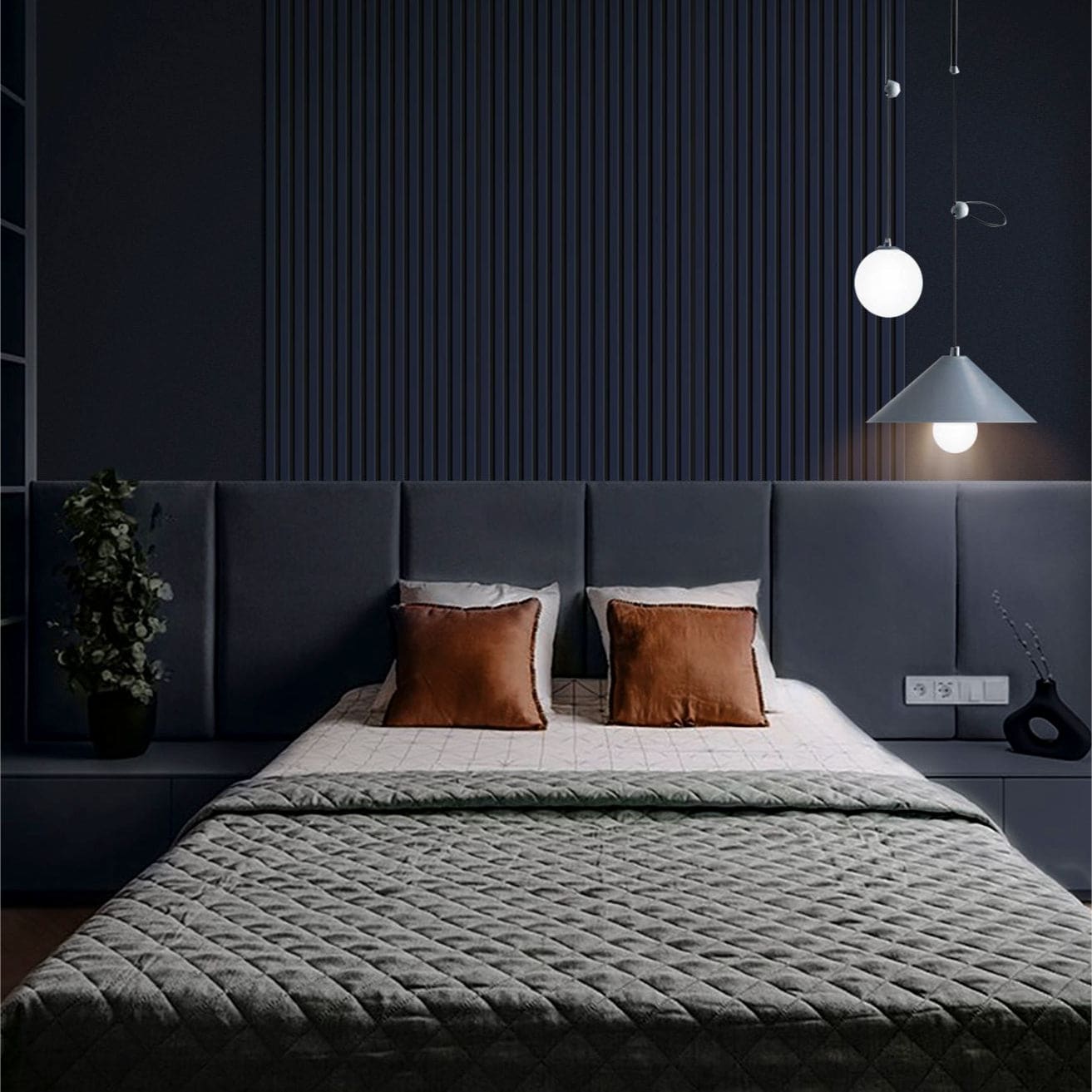 Modern bedroom with quilted bedding.
