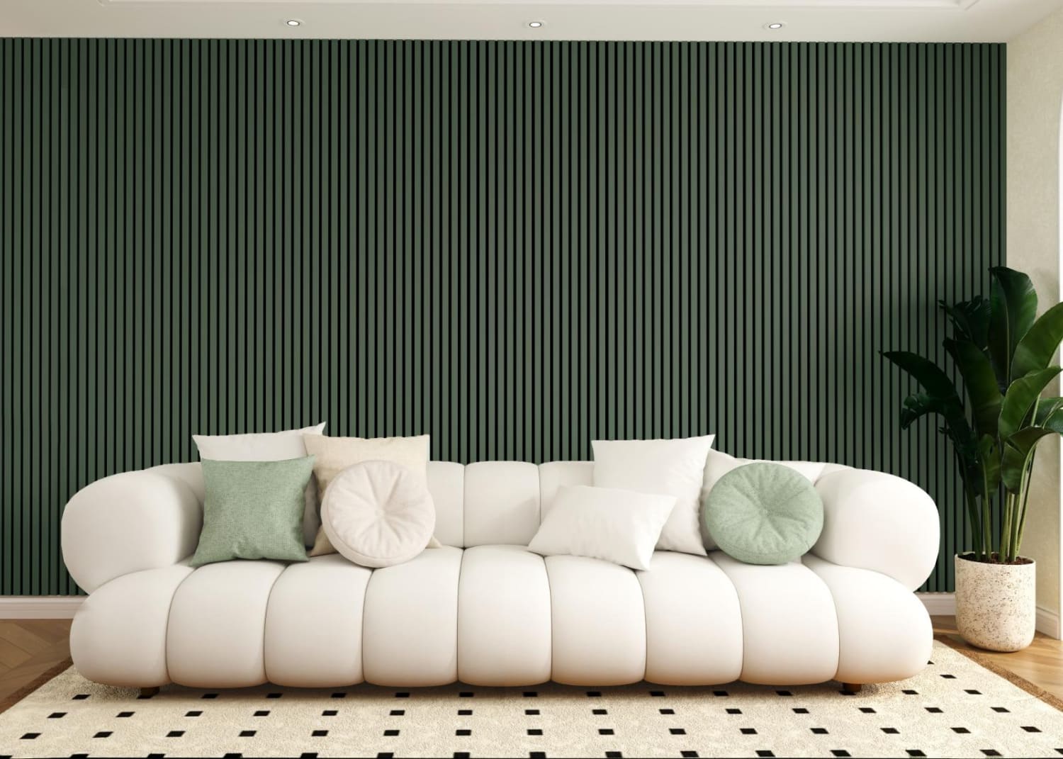 White, rounded sofa with throw pillows.
