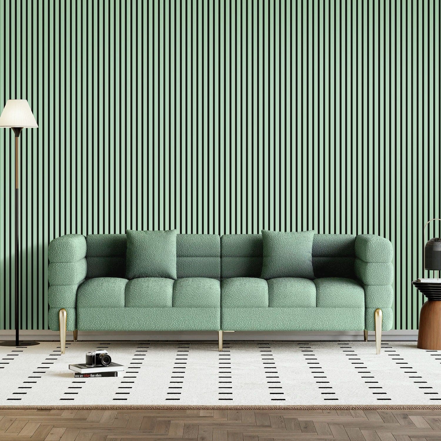 Mint green sofa.
