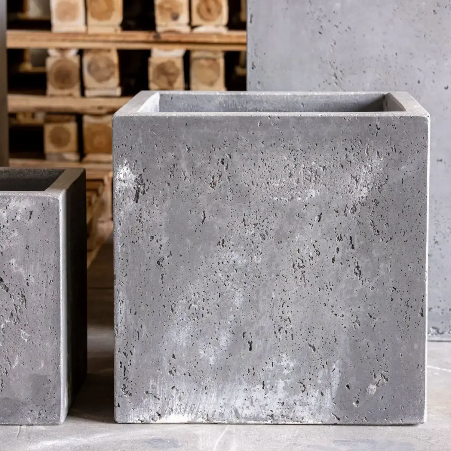 Gray concrete square planter.
