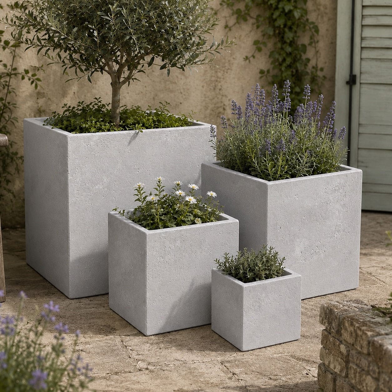 Cubrosa | Set Of 4 - Truffle – Concrete Square Planters Set – Cube Plant Pots Nest