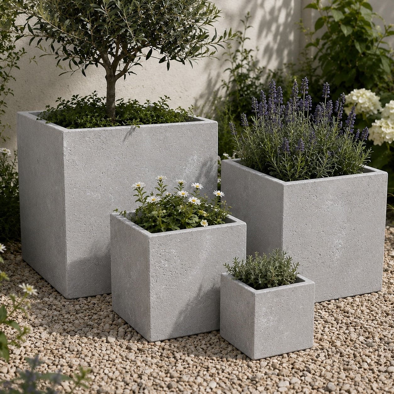 Cubrosa | Set Of 4 - Truffle – Concrete Square Planters Set – Cube Plant Pots Nest
