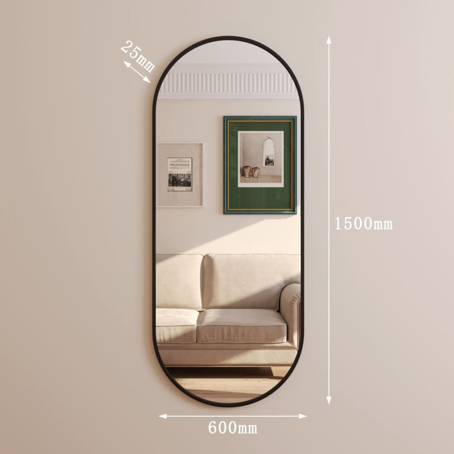 Oval-shaped mirror with a thin black metal frame.