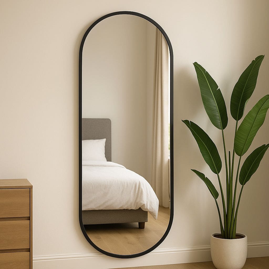 A full-length black framed oval mirror.