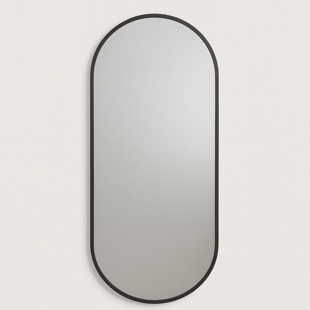 Long oval black framed mirror.
