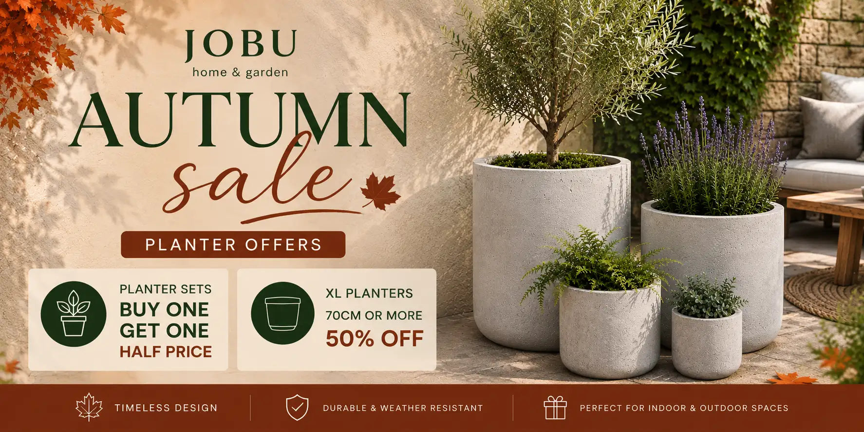 Gray concrete planter sets with varying sizes, each holding lush greenery and purple lavender.