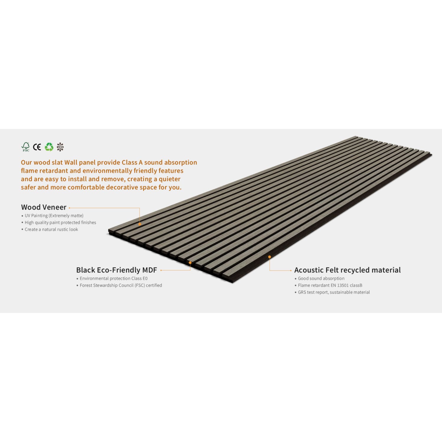 Acoustic wall panel with parallel wooden slats and sound-absorbing material layers.