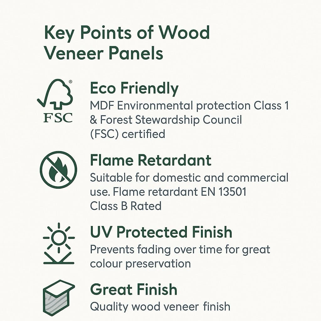 A list of key features and benefits of wood veneer panels.