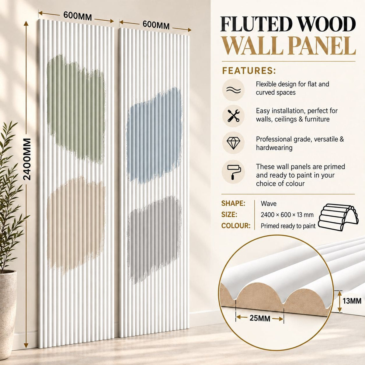 Large Fluted Wall Panels in DIY Primed - Ready To Paint - 240cm x 60cm