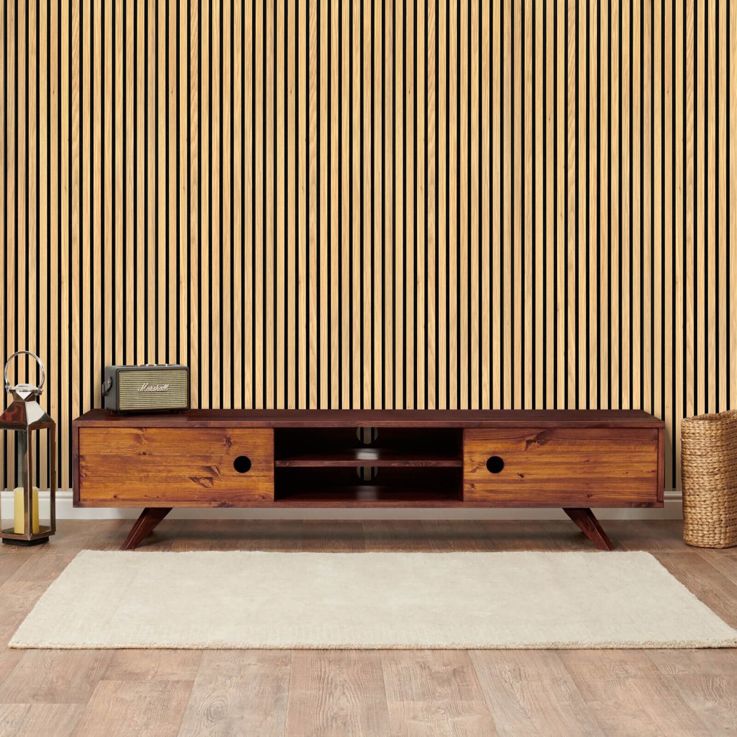 Mid-century modern wooden TV stand with sliding doors and open shelving compartments.