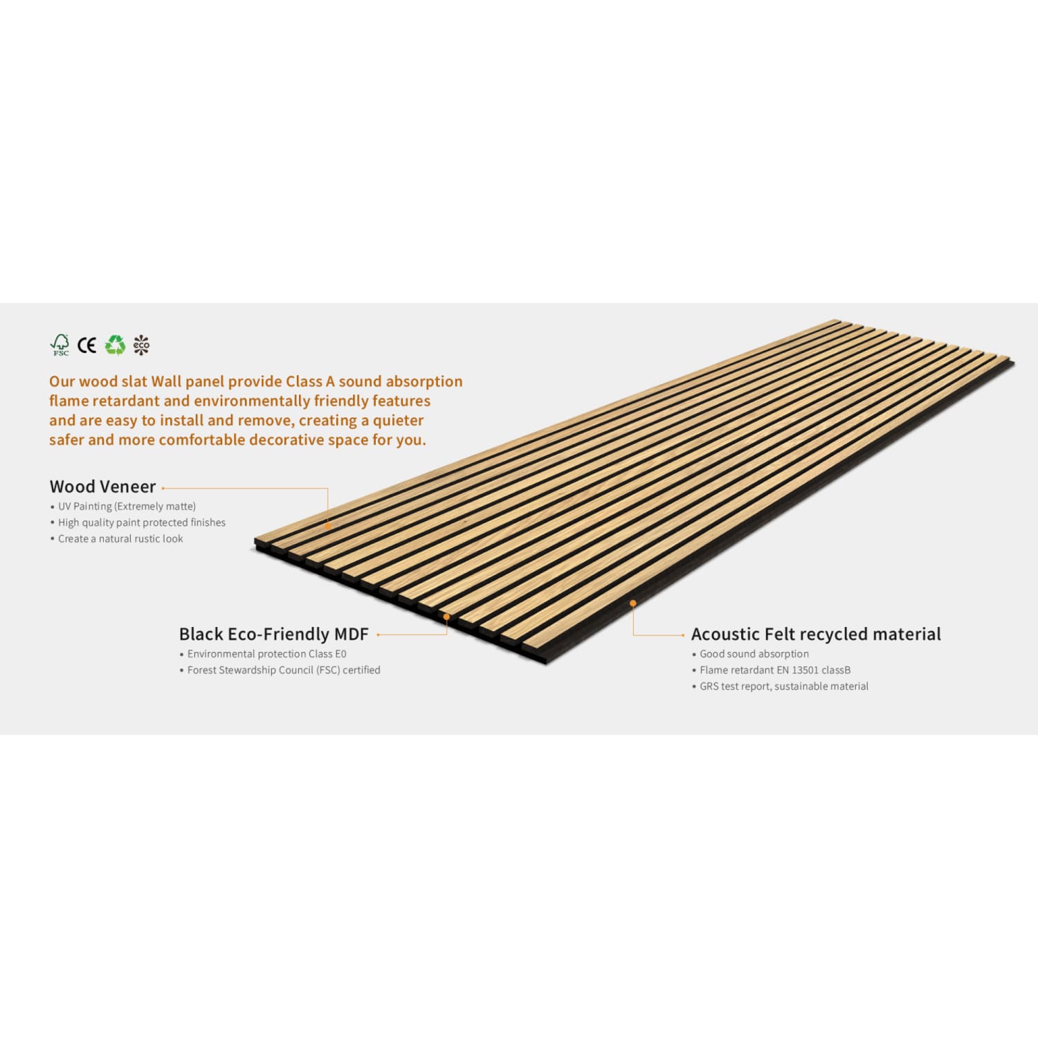 Wooden slat acoustic panel with black backing material and recycled felt interior.