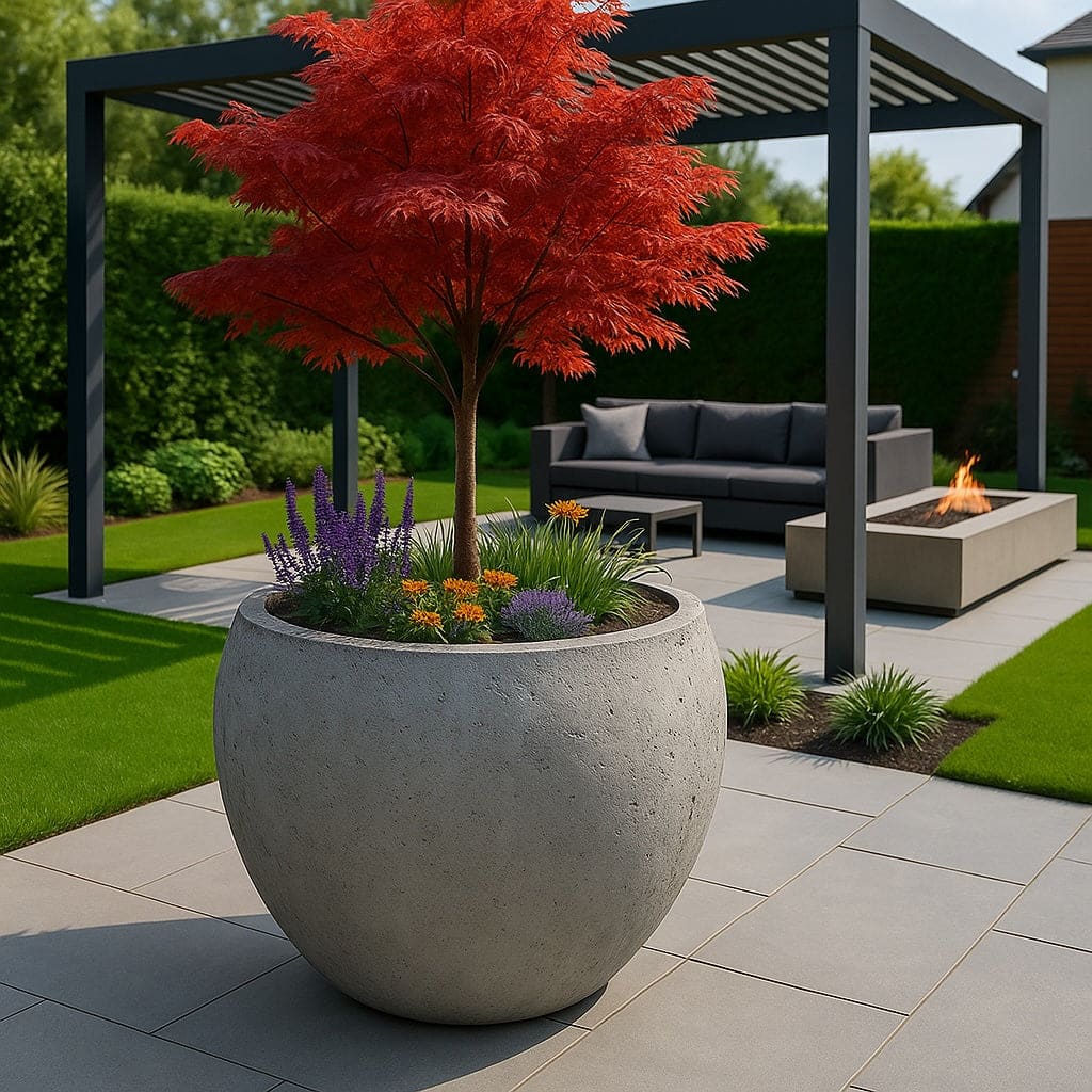 Round concrete planter with red tree.