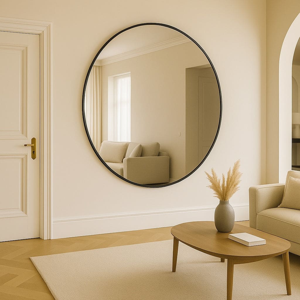 Round, black-framed wall mirror