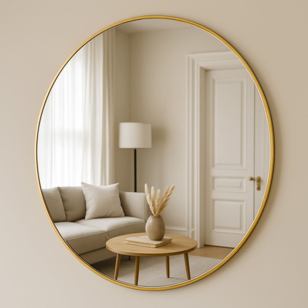 Round gold-framed wall mirror