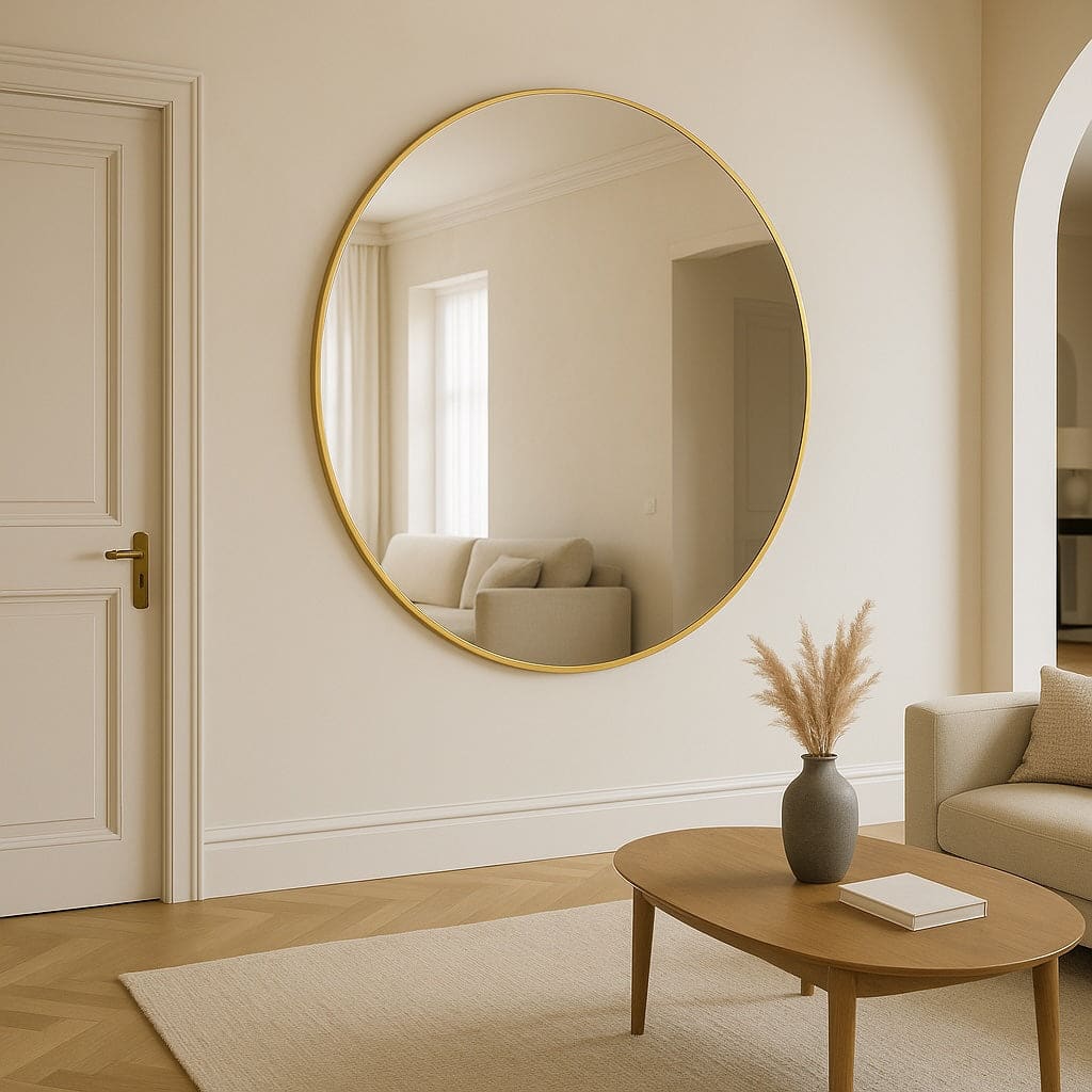 Round mirror with a thin gold frame.