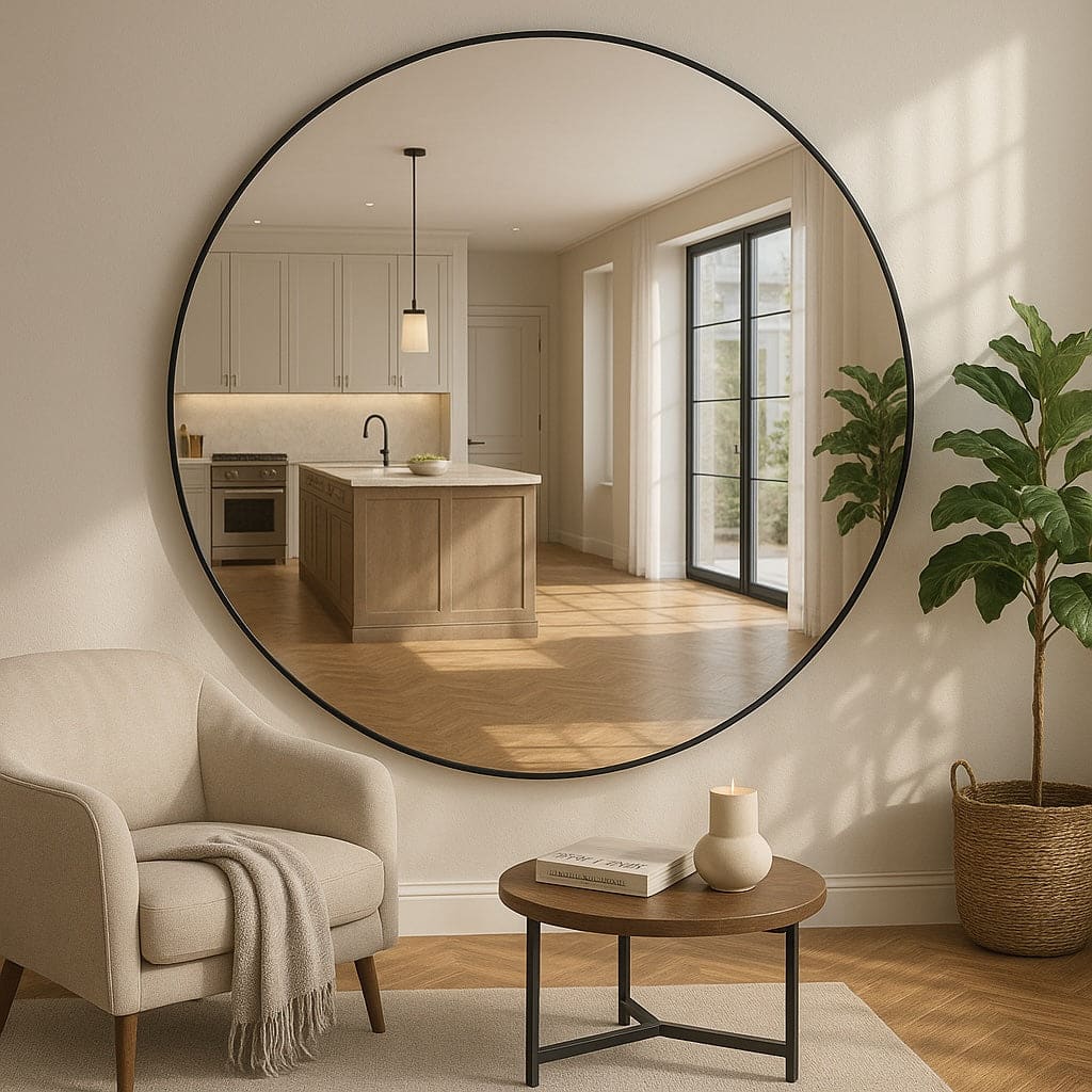 Large round wall mirror with a black frame.