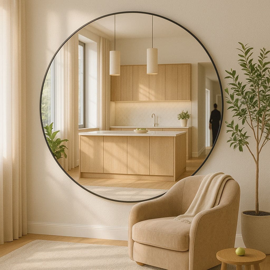 A round black-framed mirror reflecting a modern kitchen.