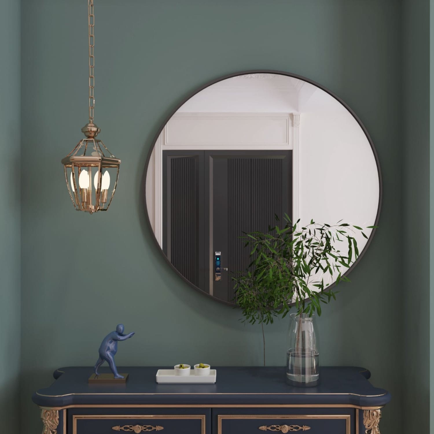 Circular frameless wall mirror with a clean, modern design.