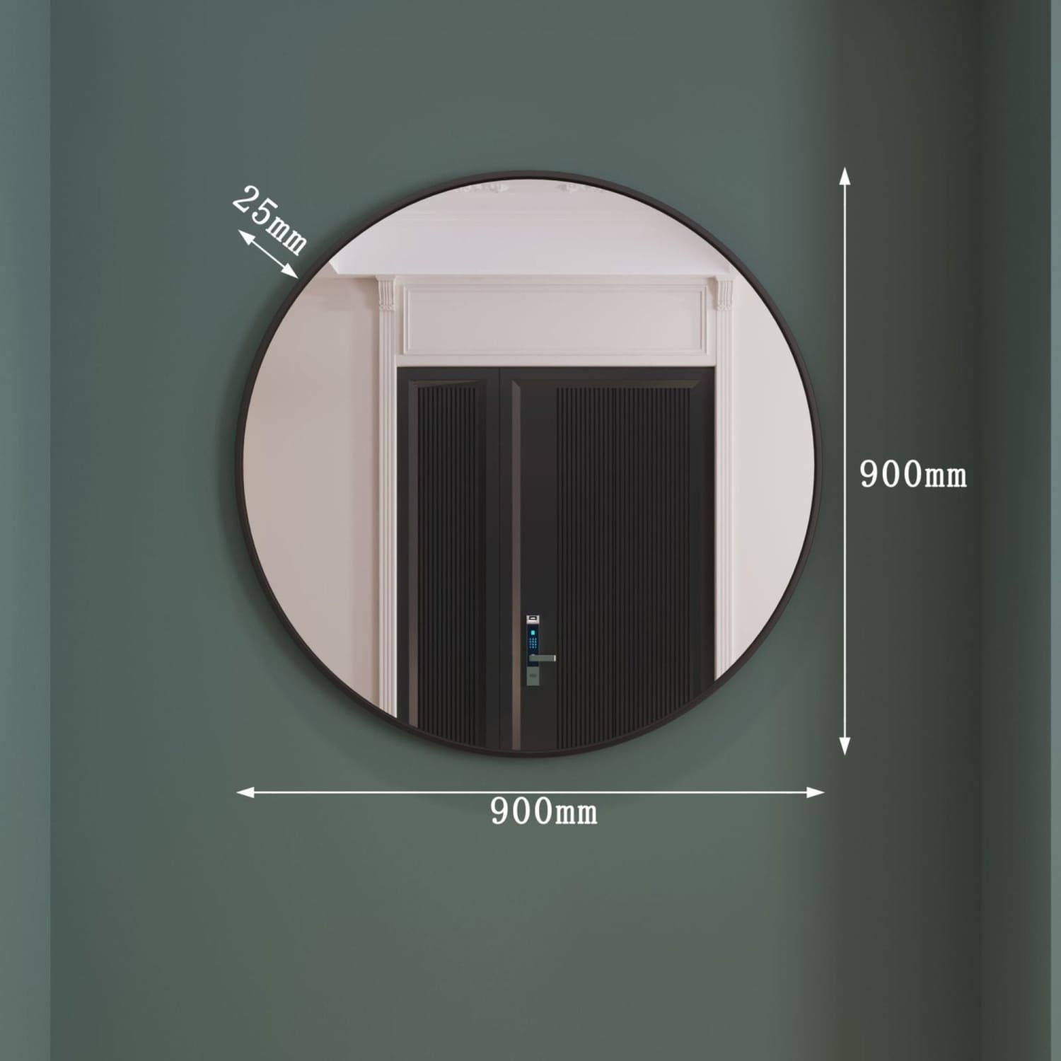 Circular wall mirror with measurement annotations showing 900mm diameter.